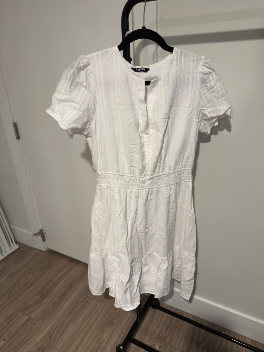 White Short Sleeve Smocked Waist Dress